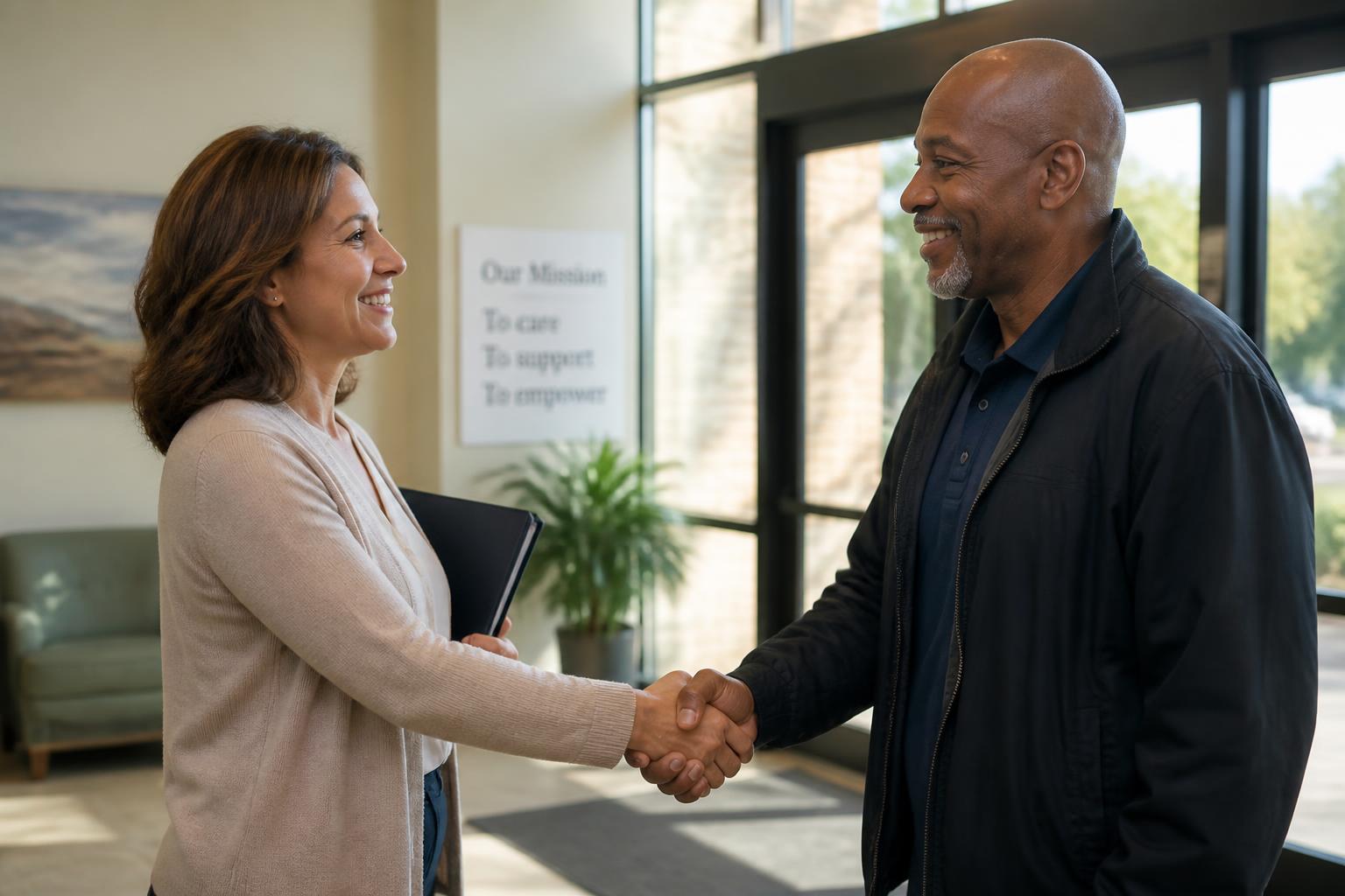 A warm handshake between a care-facility coordinator and a transportation partner in a sunlit lobby