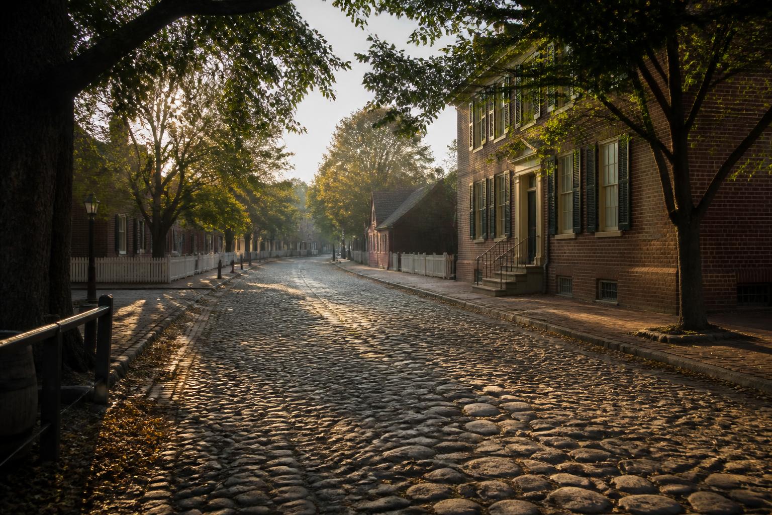 Historic cobblestone street in Old Salem, North Carolina in soft morning light